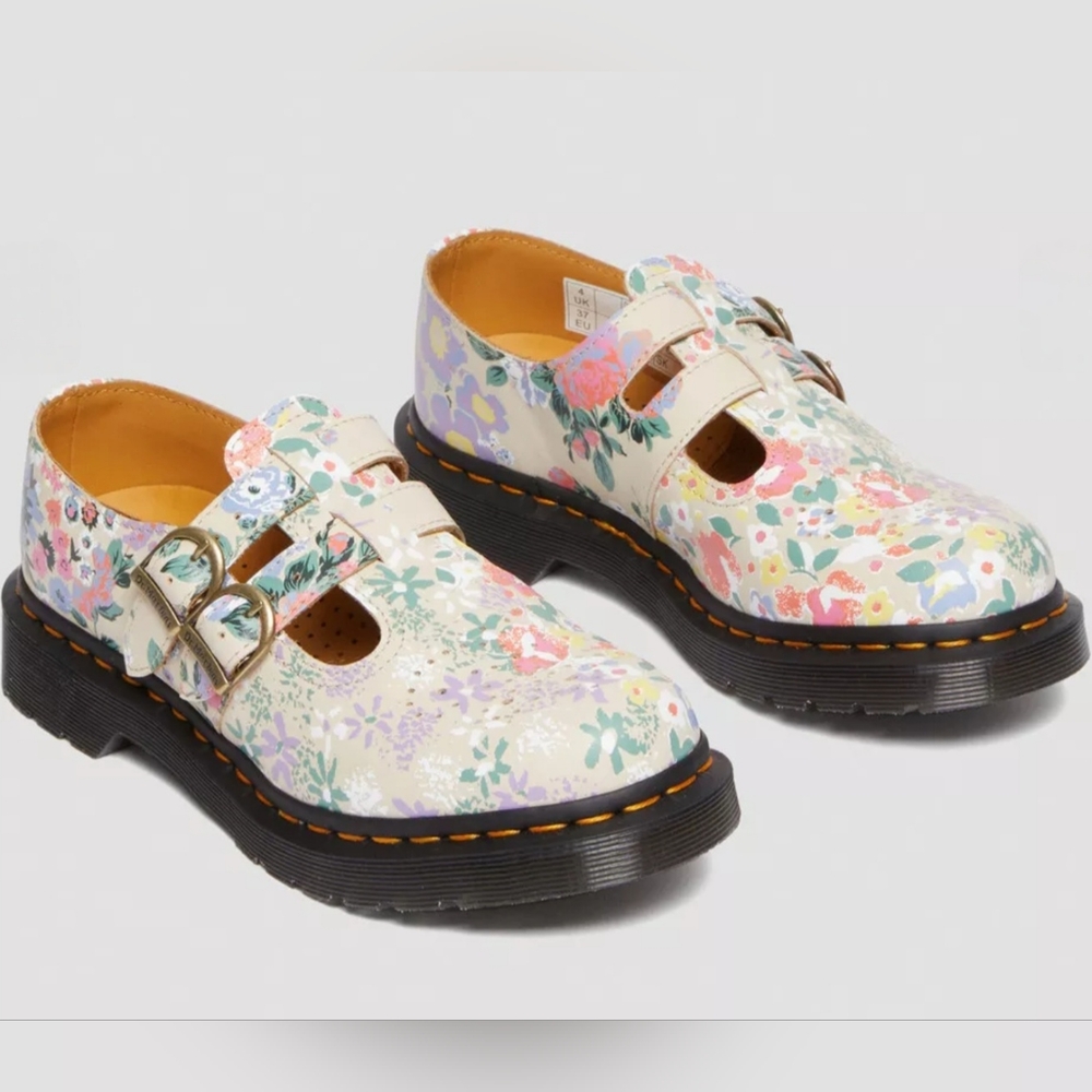 Dr. Martens 8065 Floral Mash Up Leather Mary Jane Shoes Parchment Beige Size 8 - Picture 2 of 8